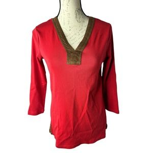 Ralph Lauren Top Womens M Red Brown Suede Texture‎ Accent Pullover Blouse